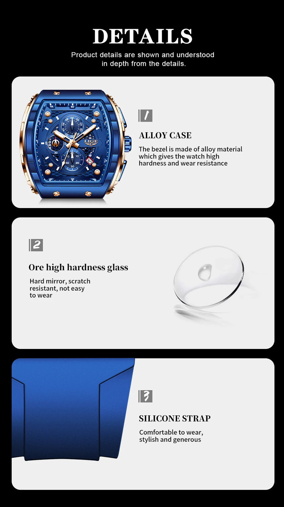 LIGE Top Brand Men's Watches Luxury Square Quartz Wristwatch Waterproof Luminous Chronograph Watch for Men Date Clock
