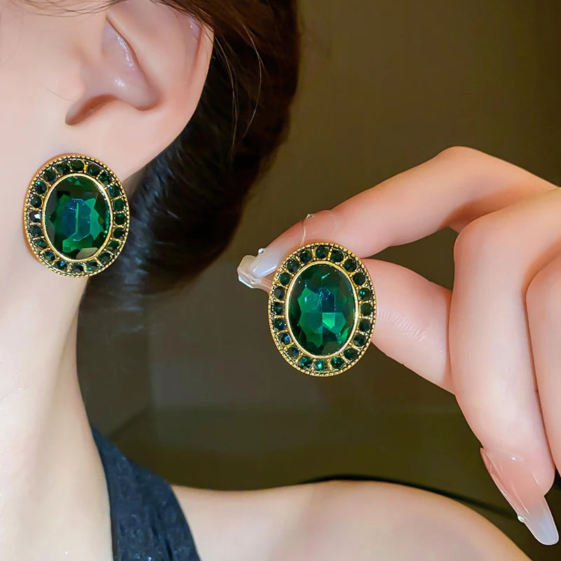 Vintage Green Geometric Rhombus Round Earrings Women Fashion Rhinestone Stud Earrings For Party Wedding Jewelry Accessories