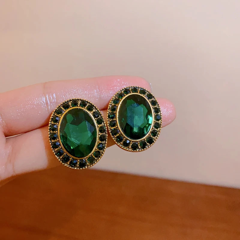 Vintage Green Geometric Rhombus Round Earrings Women Fashion Rhinestone Stud Earrings For Party Wedding Jewelry Accessories