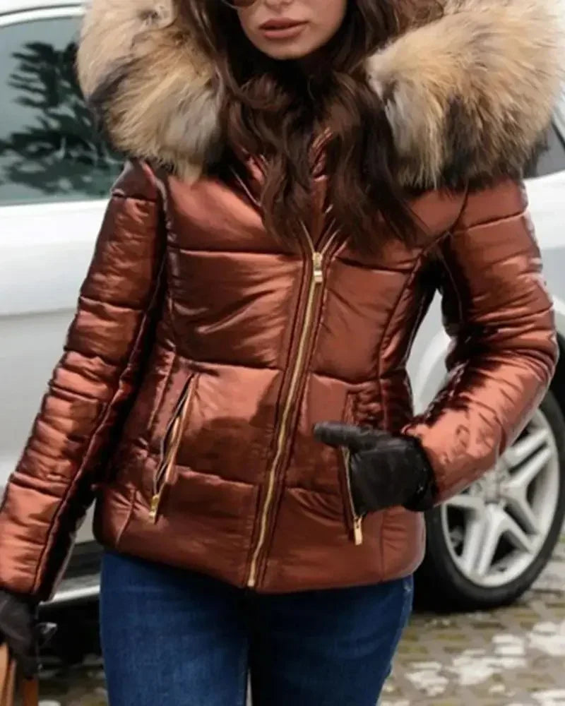 New Hood Solid Color Fur Hooded Jacket Autumn Winter New Women's Cotton-Padded Down Short Parka Coat Jacket Fashion Casual