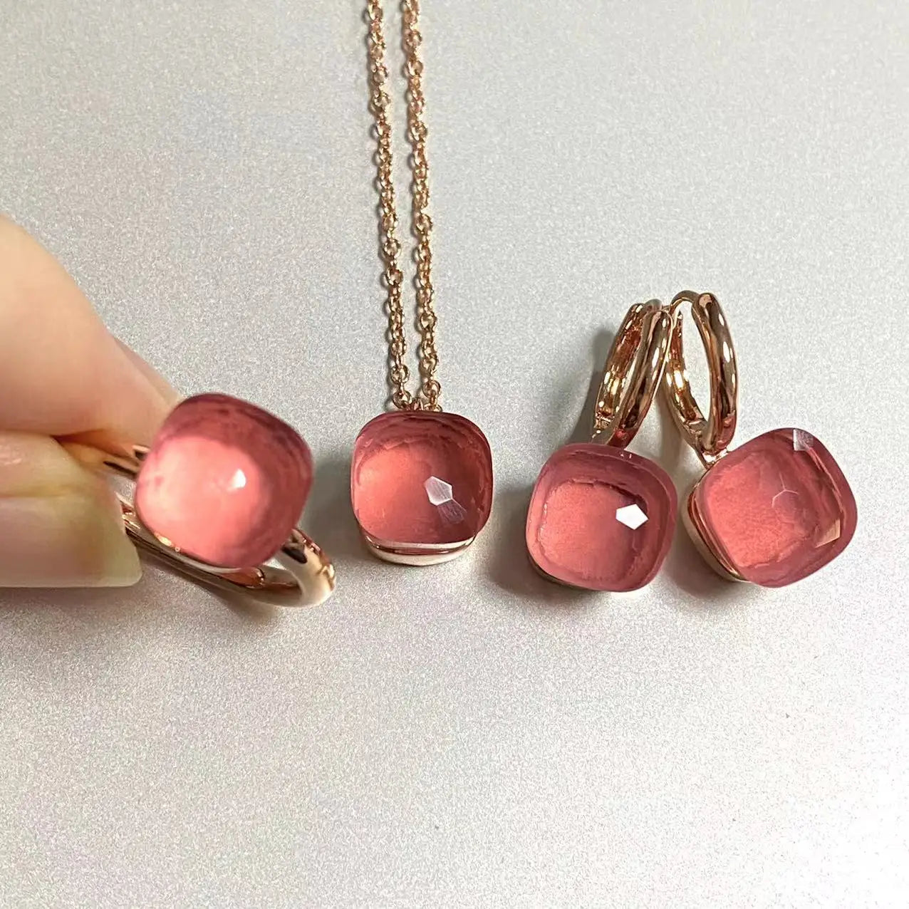 3Pcs/Set Women Ring Earrings Necklace Jewelry Set 34Colors Pink Crystal Jewelry Set Rose Gold Plated Jewelry