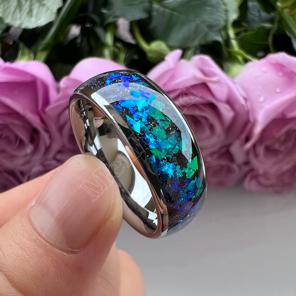 MenBand Fashion New Arrivals 8MM Tungsten Wedding Band Ring Middle Groove Inlaid With Blue Opal Domed Polished Comfort Fit