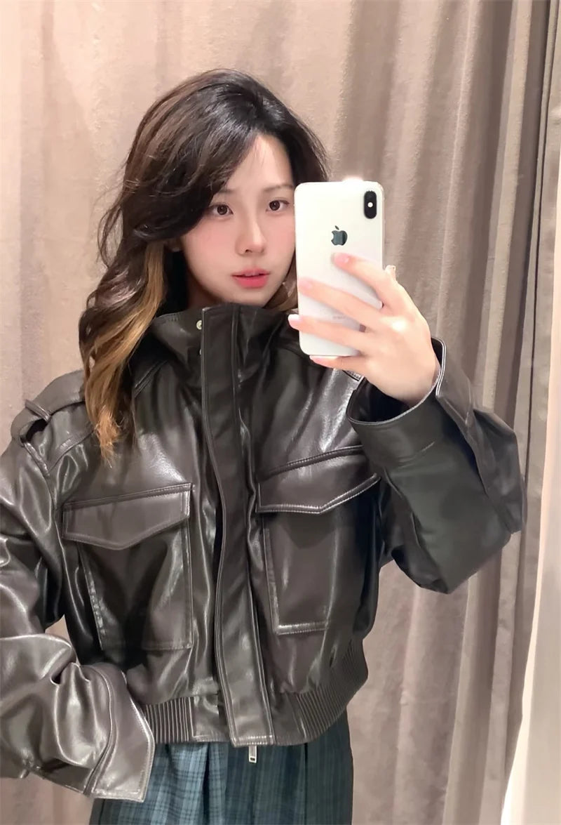 Women's Jacket New Fall 2025 Dark Green Long Sleeve Faux Leather Short Jacket Jacket Biker Style Casual Fashion Personality