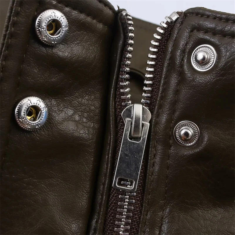 Women's Jacket New Fall 2025 Dark Green Long Sleeve Faux Leather Short Jacket Jacket Biker Style Casual Fashion Personality