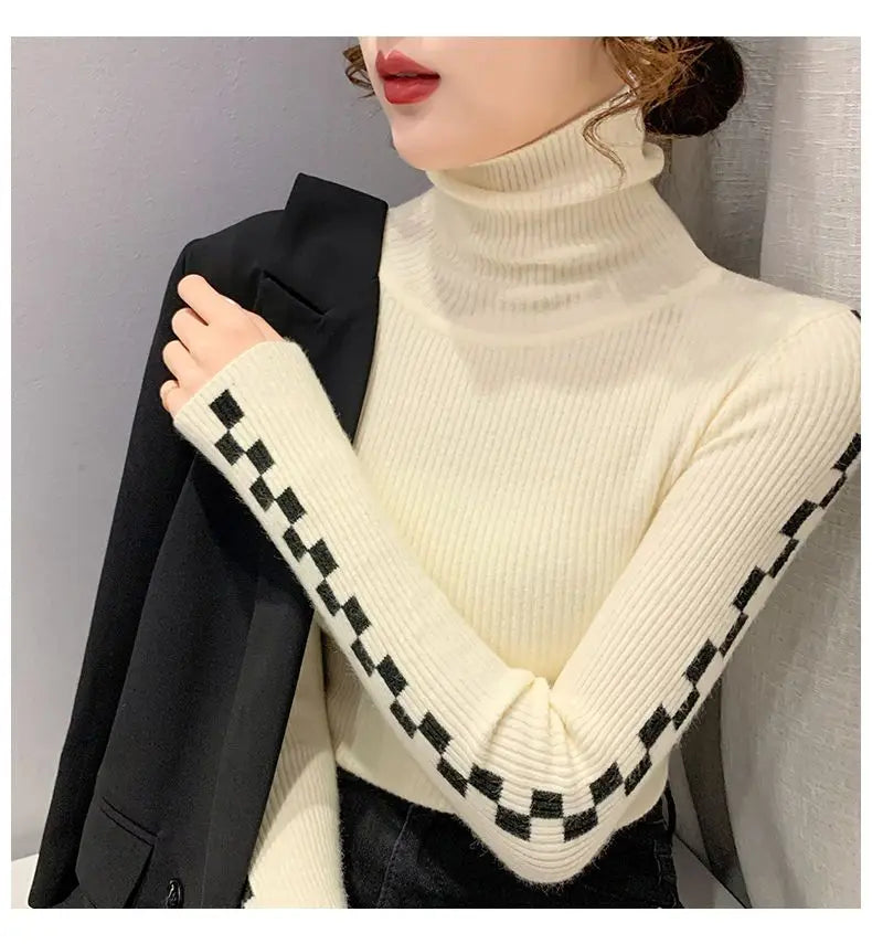 Pile Collar Plaid Bottoming Shirt Female New Autumn Winter Temperament All-match Sweater Interior Lapping Slim Turtleneck Tops