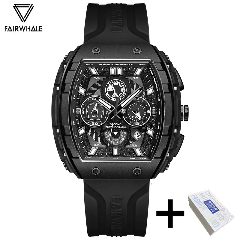 Fashion White Watches For Men Sport Silicone Strap Dive Luminous Quartz Watch Tonneau Shape Resin Case Multifunctional Clock New