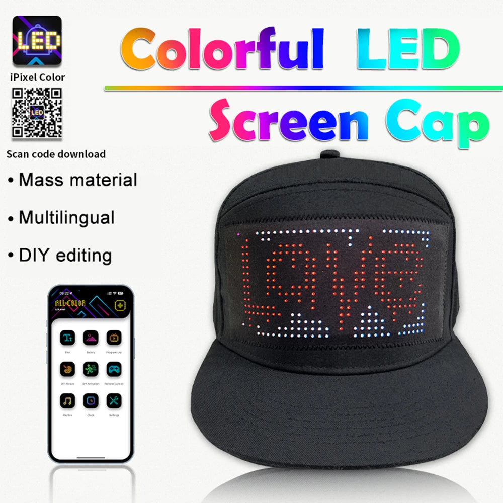 LED Hat Light Display Screen DIY Smart Pixel Matrix Baseball Hat Rechargeable Bluetooth APP Control Hip Hop Street Party Decor