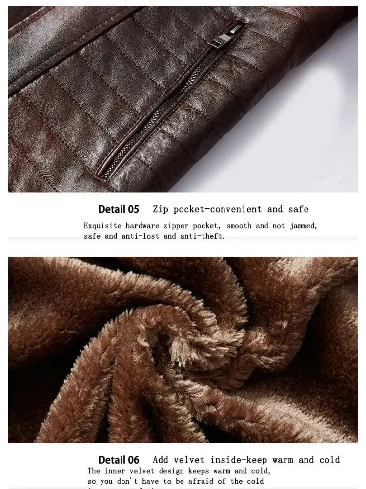 Fashion Warm Winter Mens PU Leather Jacket With Fur Collar Thicken Fleece Motorcycle Coat Casual Faux Leather Locomotive Jacket