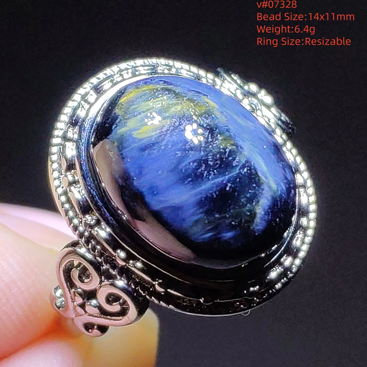 Natural Blue Pietersite Beads Adjustable Ring Woman Men Namibia Pietersite Ring Chatoyant Beads Fashion Silver Jewelry AAAAAA
