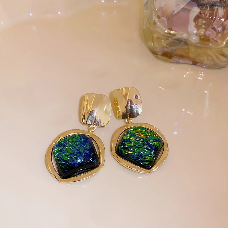 Vintage Green Geometric Rhombus Round Earrings Women Fashion Rhinestone Stud Earrings For Party Wedding Jewelry Accessories