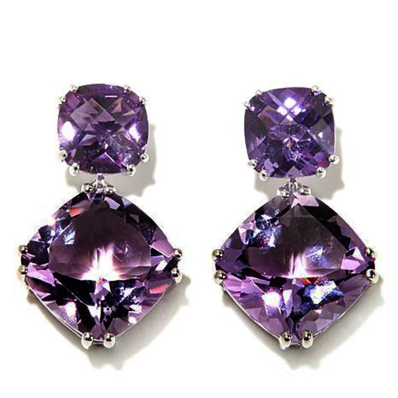 Luxury Square Purple Cubic Zirconia Crystal Earrings  for Women New FashionExquisite Fashion Gold Color Dangle  Wedding Jewelry