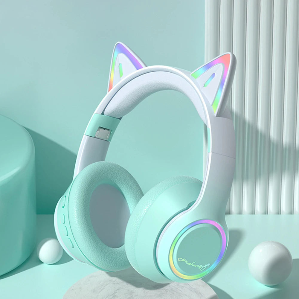 Gradient Wireless Headphones RGB Cat Ear Bluetooth Headphones With Microphone Stereo Music Game Earphone For Girls Kids Gifts