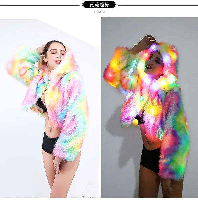 Popular Imitation Fox Fur Coat Female Cosplay Christmas Halloween Colorful LED Lights Carnival Coat