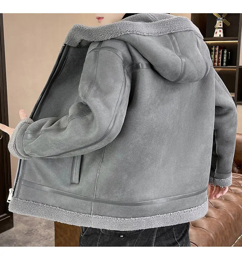 Autumn and winter fur one-piece thickened and fleece jacket for men and teenagers, gold embossed suede thickened warm jacket