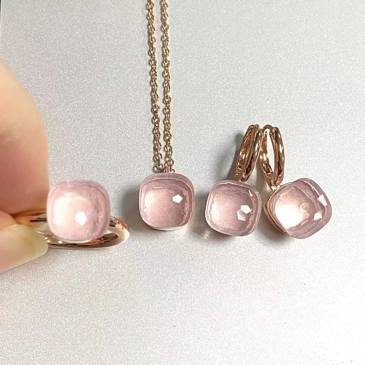 3Pcs/Set Women Ring Earrings Necklace Jewelry Set 34Colors Pink Crystal Jewelry Set Rose Gold Plated Jewelry