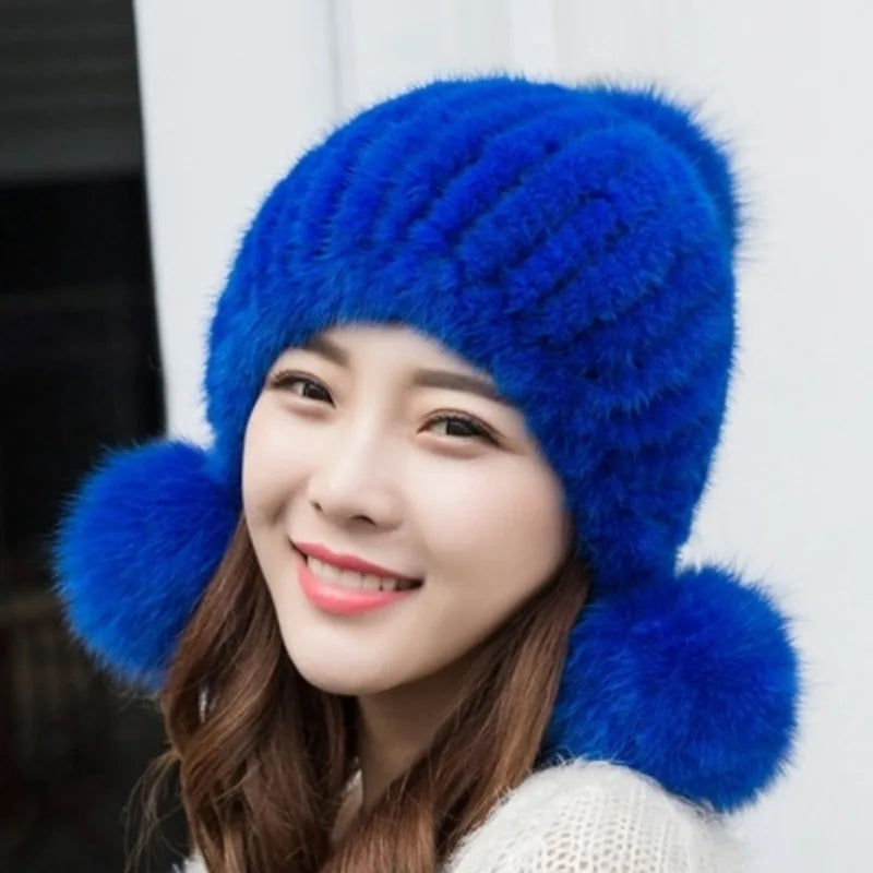 Mink Fur Hat Women Winter Thickened Ear Protection Hat Natural Fur Knitted Caps With Pom Pom Fox Ball Fashion Beanies Fur Hats