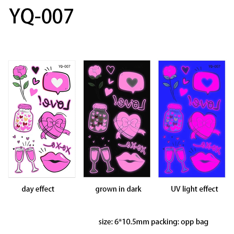 Luminous Temporary Tattoos Stickers Fluorescent Neon In Dark Illuminate Tattoo Elephant/Love Heart Shoulder Tattoo Party Sticker
