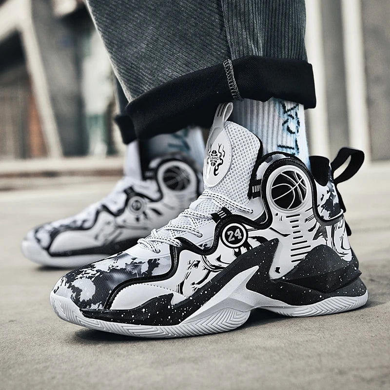 Men Basketball Shoes Soft Sole Cushioning Anti-Slip Sports Shoes Flat Comfortanle High-top Leather Basketball Boots for Man