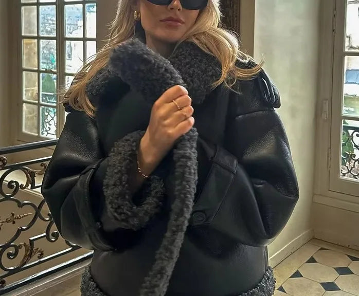 Faux Fur Leather Long Jacket Women Lapel Long Sleeve Belt Thicken Female Coats Winter Fashion Street Patchwork Lady Outwear