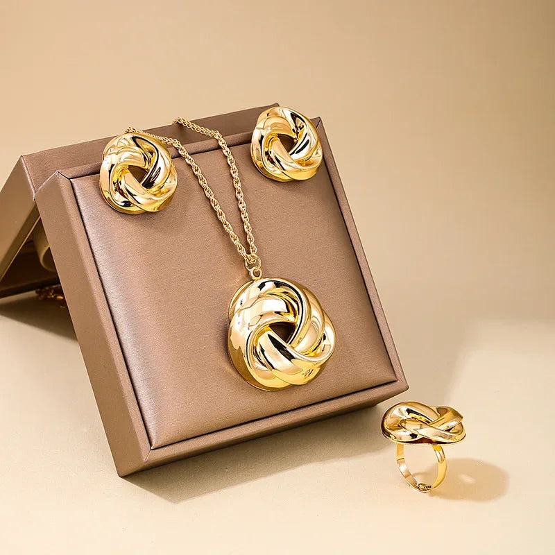 Fashion Jewelry Sets For Women Exaggerated CCB Smooth Twist Necklace Ring Earrings Gift Holiday OL DS003