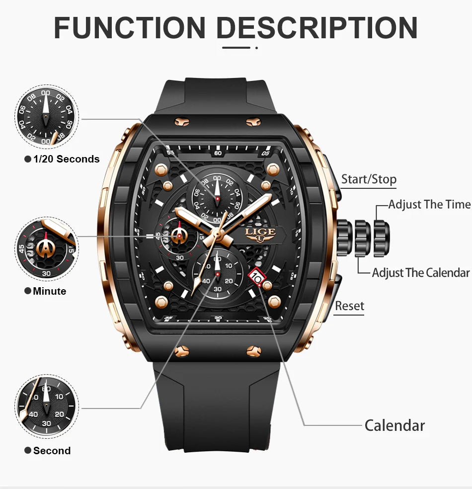 LIGE Waterproof Watches For Men Original Brand Luxury Silicone Square Men's Quartz Wristwatch Fashion Military Chronograph Male