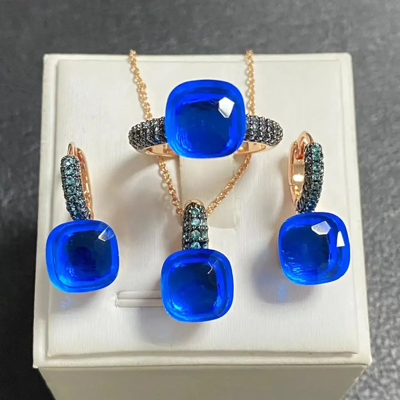 3Pcs Gun Black Plated Blue Zircon Jewelry Set for Women Includes Ring Earrings Necklace Elegant Crystal Blue Topaz Matching Gift