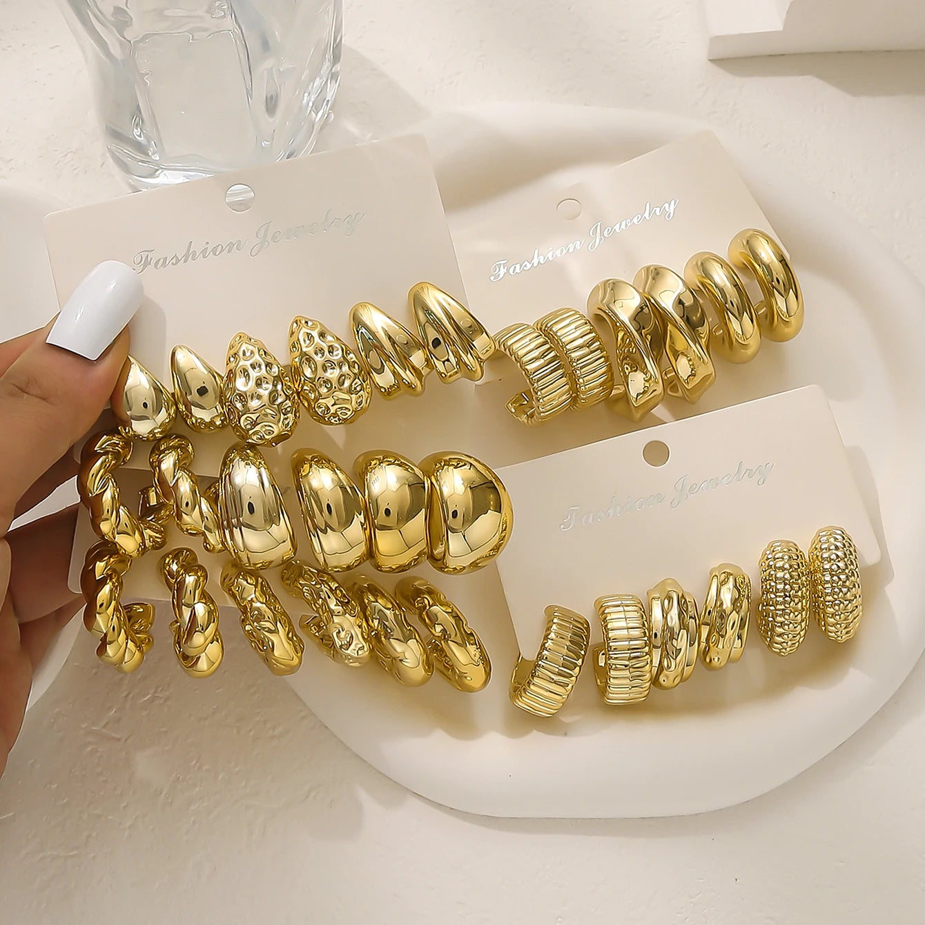 Texture Geometry Multi Shaped Women's Fashion Ring Earring Set Elegant Fashion Style Unique Design Earrings