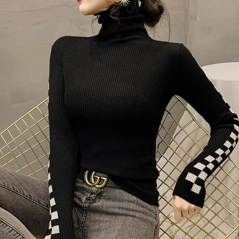 Pile Collar Plaid Bottoming Shirt Female New Autumn Winter Temperament All-match Sweater Interior Lapping Slim Turtleneck Tops
