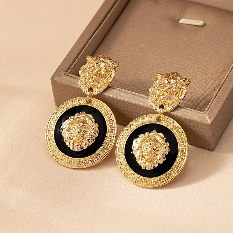 Stud Earrings For Women Vintage Lion Head Glass Geometric Party Gift OL Holiday Fashion Jewelry Ear Accessories CE150