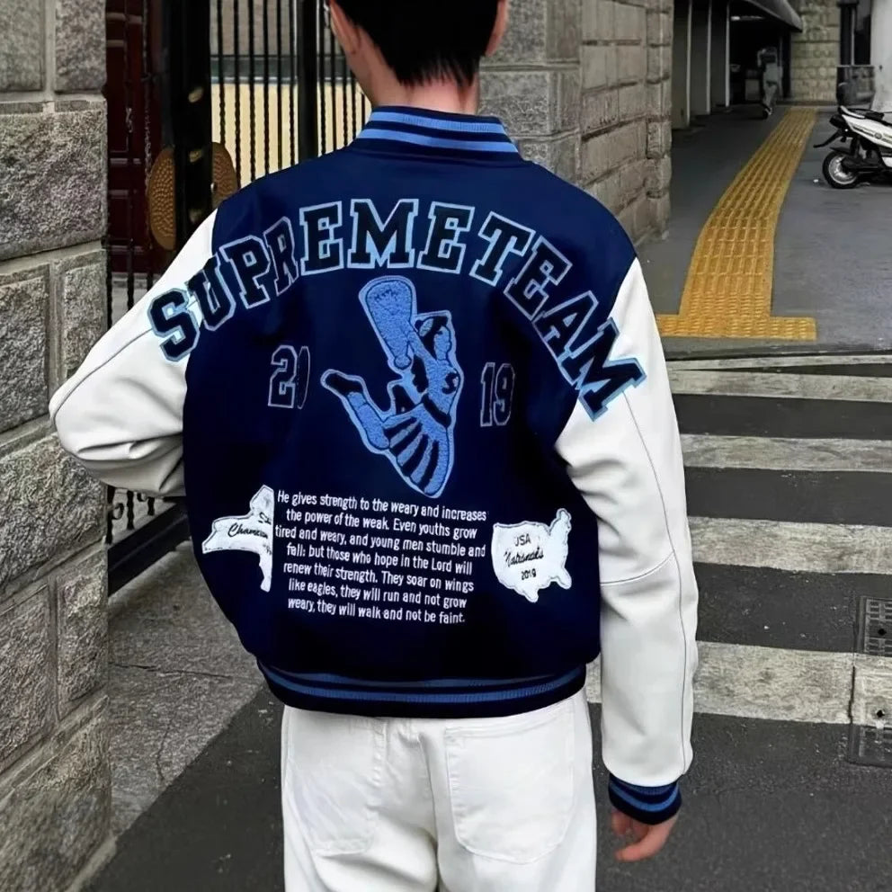 Embroidery Baseball Jacket for Men Streetwear Varisity Jacket Splicing PU Leather Sleeves Women Bomber Jacket Unisex Men Clothes