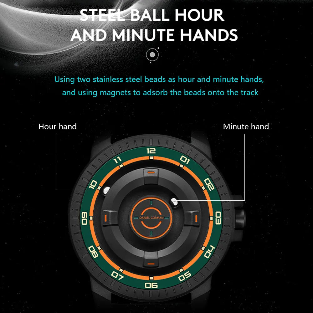 DANIEL GORMAN Magnetic Driven Watch Men Black Waterproof Stainless Steel Beads Quartz Watch with Silicone Strap DG0221 Green