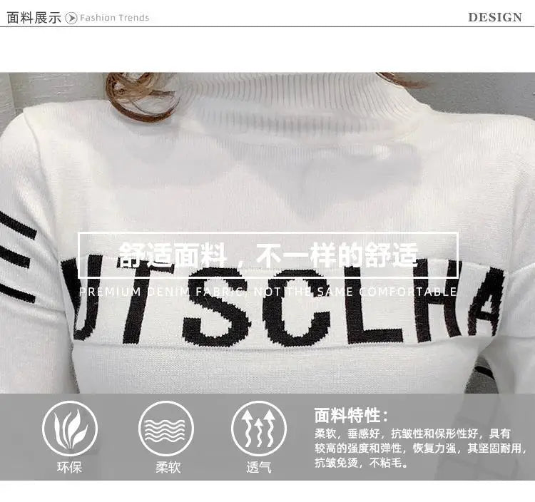 Turtleneck Pullovers Femme Autumn Winter Interior Lapping Fashionable Slim Bottoming Shirt Letter Knitting Sweater Striped Tops
