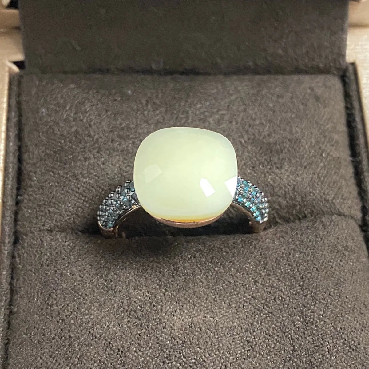 Blue Topaz Ring Inlay Black Zircon With Black Gun Plated 12.6mm Flat Crystal Ring For Women Party Fashion Jewelry Gift