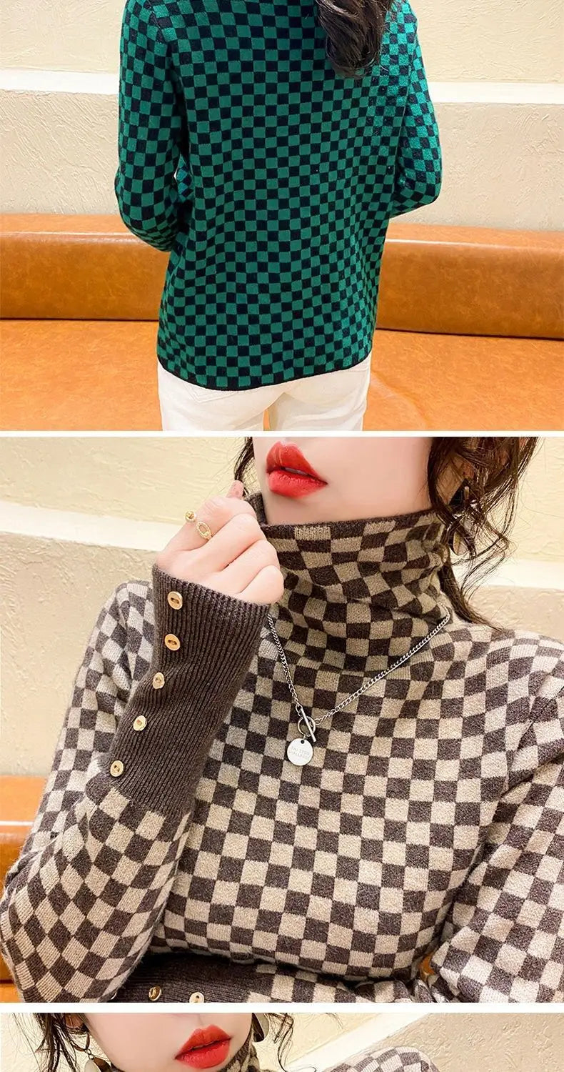Women's Clothing Elegant Fashion Plaid Knit Pullovers Autumn Winter Vintage All-match Long Sleeve Patchwork Sweater Lady Y2k Top