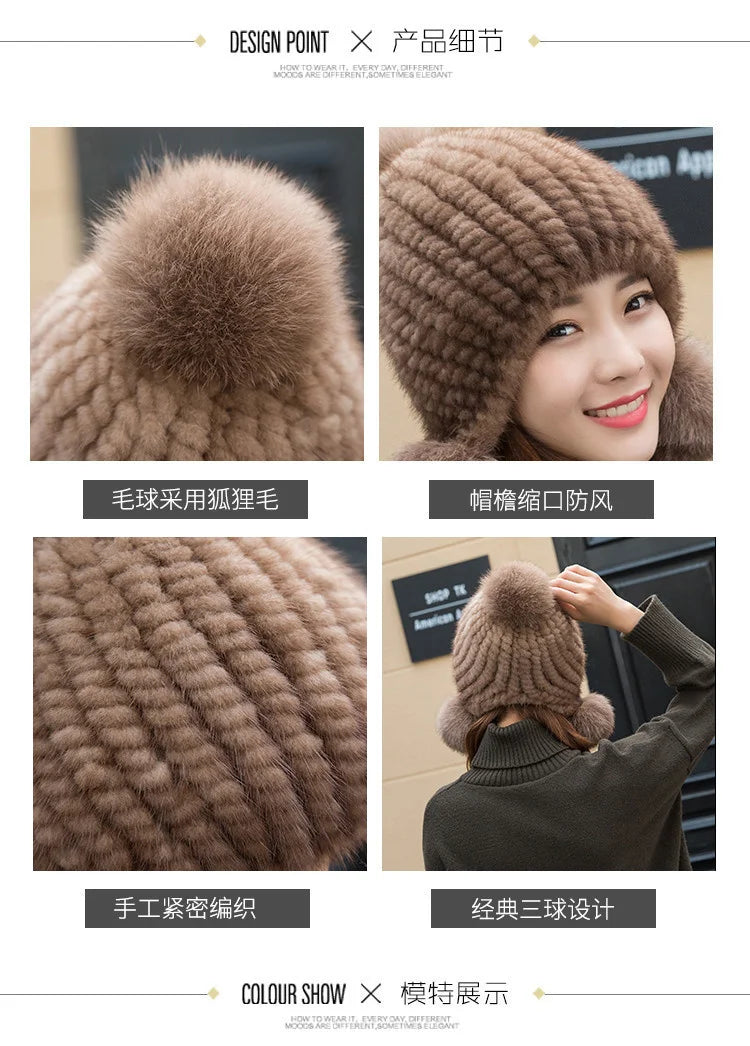 Mink Fur Hat Women Winter Thickened Ear Protection Hat Natural Fur Knitted Caps With Pom Pom Fox Ball Fashion Beanies Fur Hats