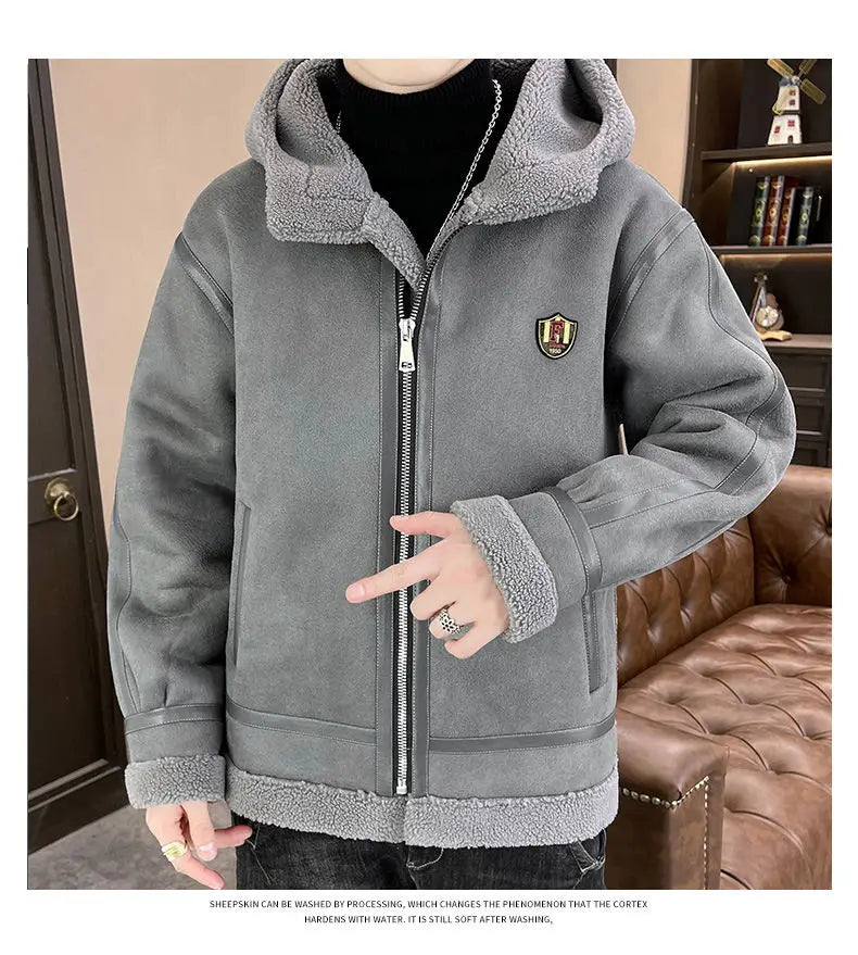 Autumn and winter fur one-piece thickened and fleece jacket for men and teenagers, gold embossed suede thickened warm jacket