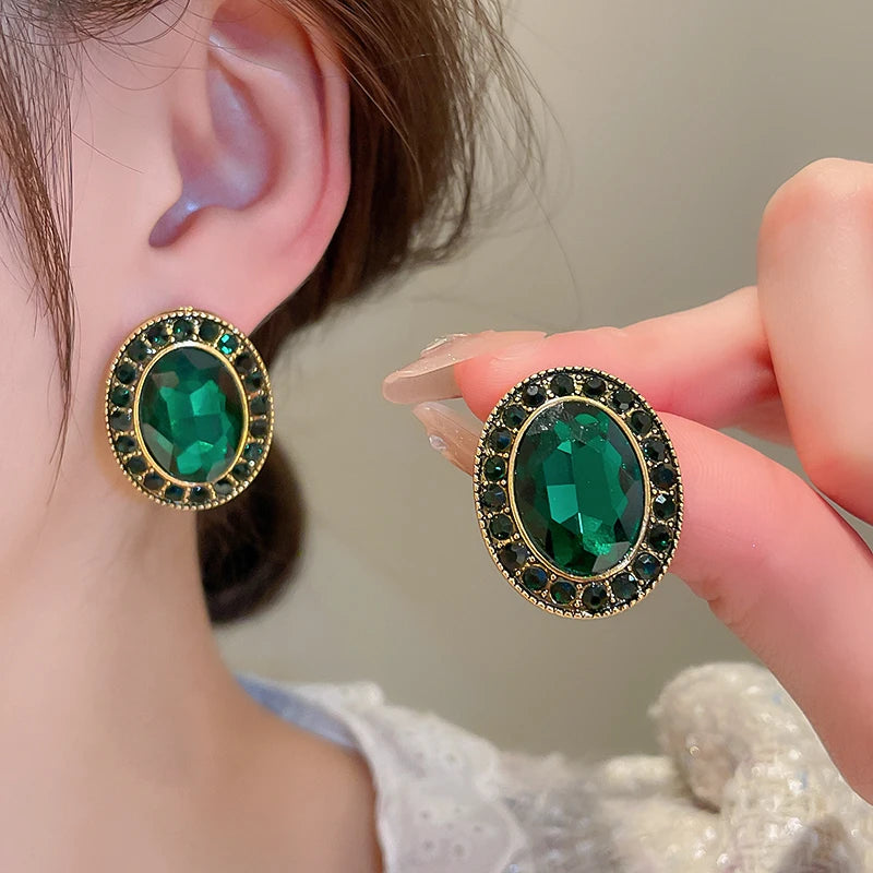 Vintage Green Geometric Rhombus Round Earrings Women Fashion Rhinestone Stud Earrings For Party Wedding Jewelry Accessories