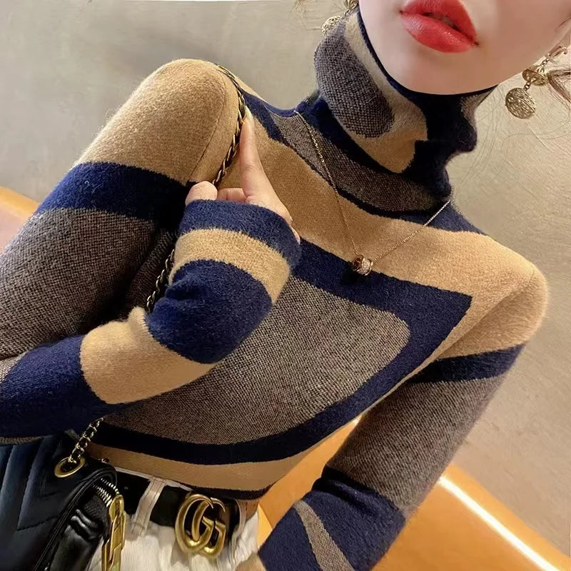 Women Clothing Fashion All-match Slim Knit Pullovers Autumn Winter Elegant Chic Geometric Patchwork Sweaters Office Lady Y2k Top
