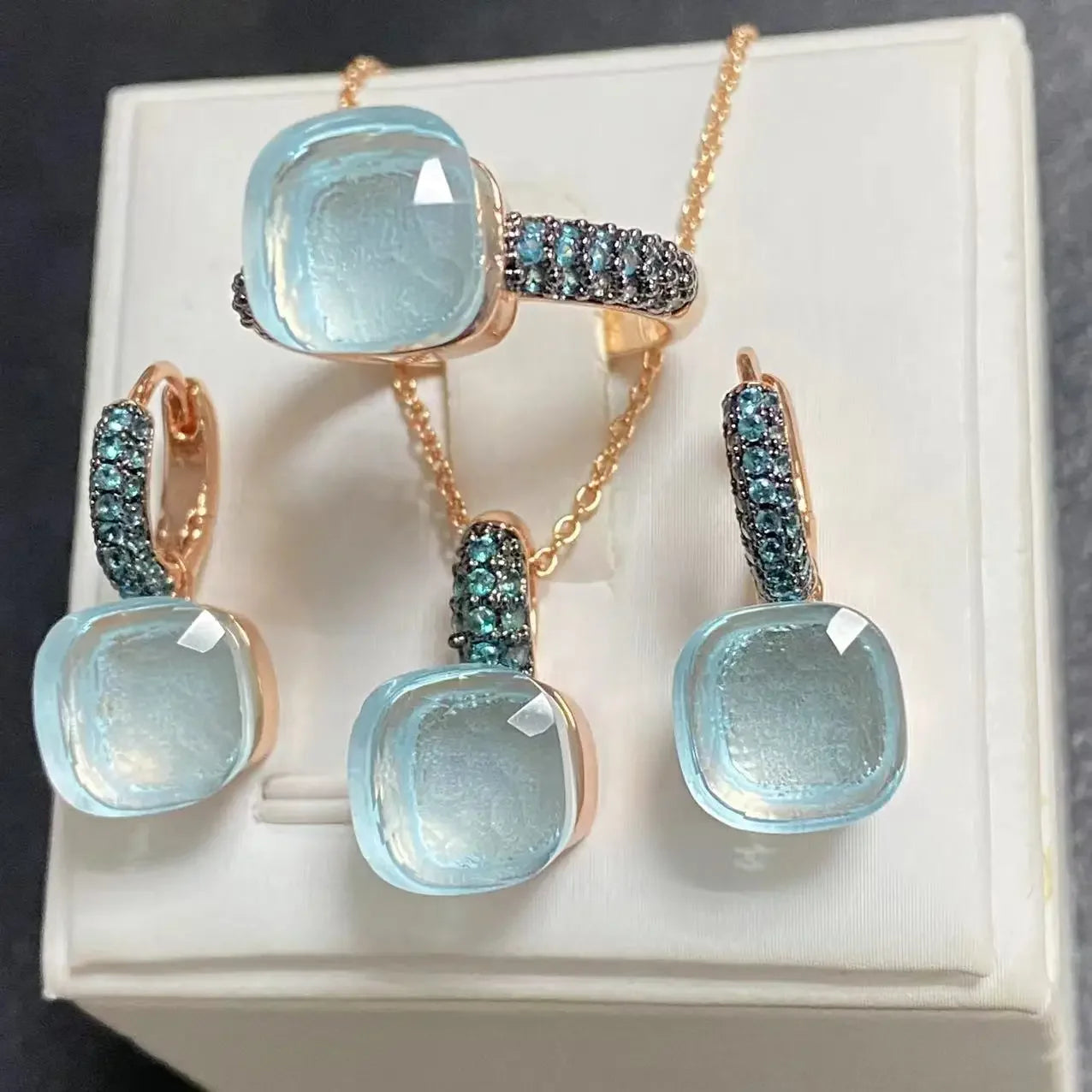 3Pcs Gun Black Plated Blue Zircon Jewelry Set for Women Includes Ring Earrings Necklace Elegant Crystal Blue Topaz Matching Gift