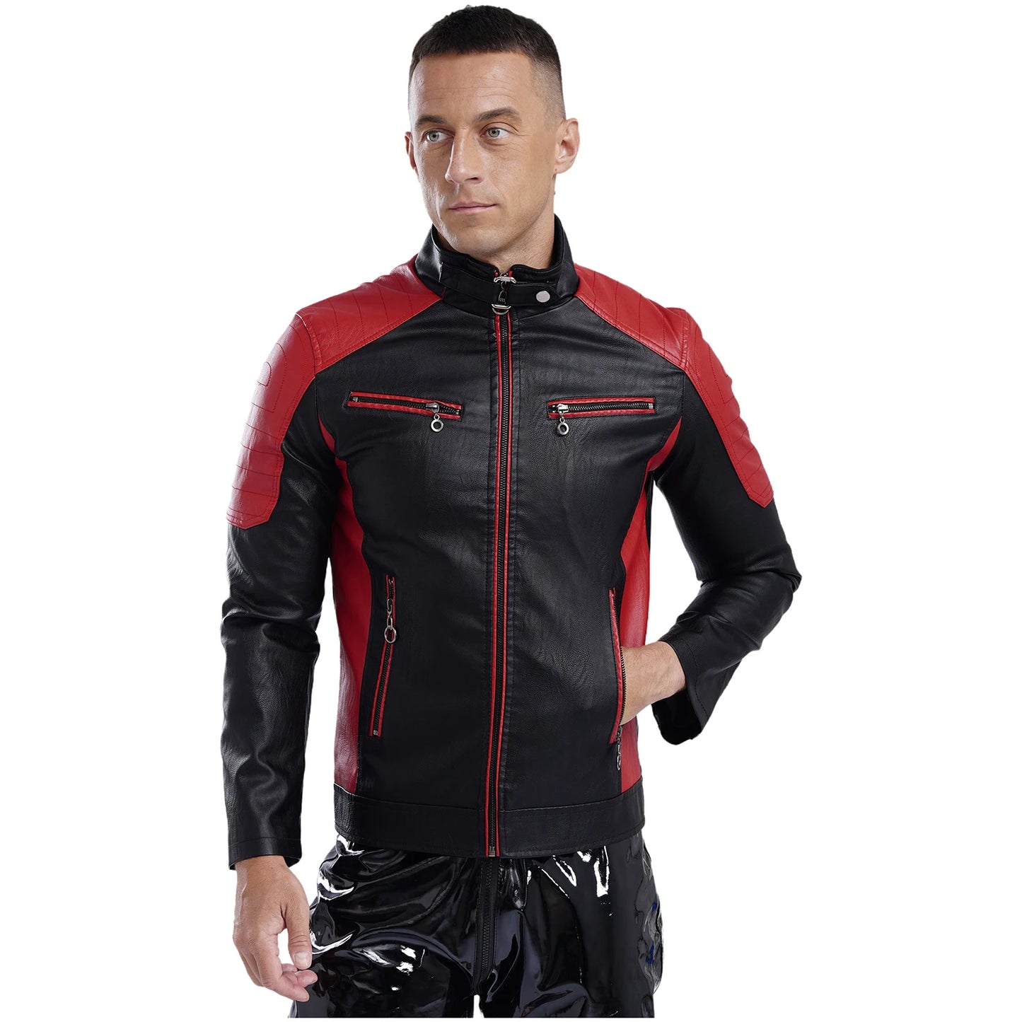 Mens Racing PU Leather Jackets Coat Long Sleeve Front Zipper Outerwear Windproof Motorcycle Biker Racer Bomber Jacket Streetwear