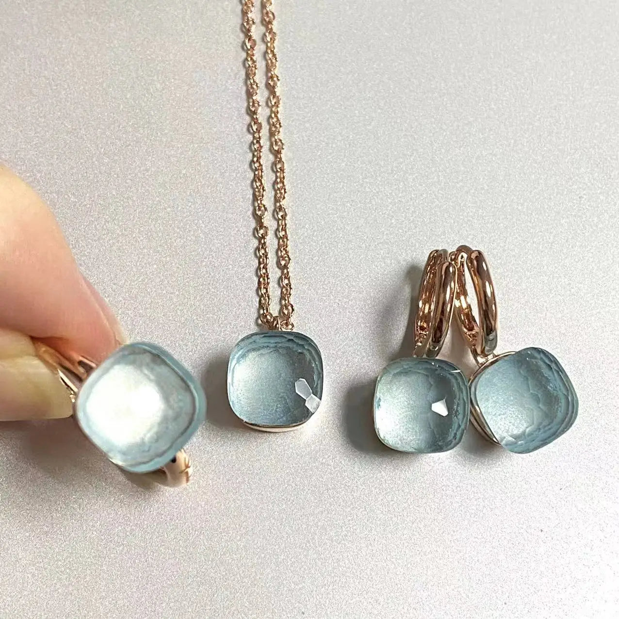 3Pcs/Set Women Ring Earrings Necklace Jewelry Set 34Colors Pink Crystal Jewelry Set Rose Gold Plated Jewelry