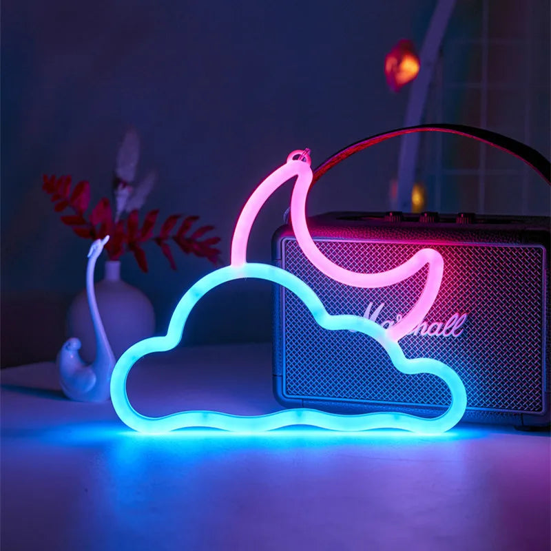 Moon Neon Signs Light, LED Atmosphere Lighting with Base, Wall Lamp for Birthday, Party, E-sports Room, Camping, Summer Decor