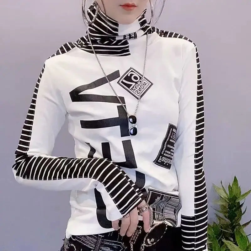 Fashion Printed Spliced Letter Striped Casual Tee Shirt Female Clothing 2025 Autumn Winter All-match Pullovers Korean T-Shirts