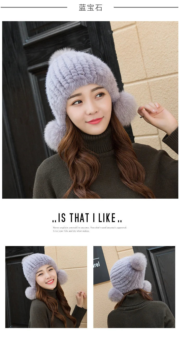 Mink Fur Hat Women Winter Thickened Ear Protection Hat Natural Fur Knitted Caps With Pom Pom Fox Ball Fashion Beanies Fur Hats