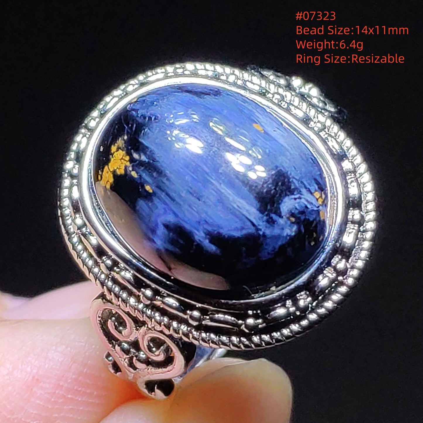 Natural Blue Pietersite Beads Adjustable Ring Woman Men Namibia Pietersite Ring Chatoyant Beads Fashion Silver Jewelry AAAAAA