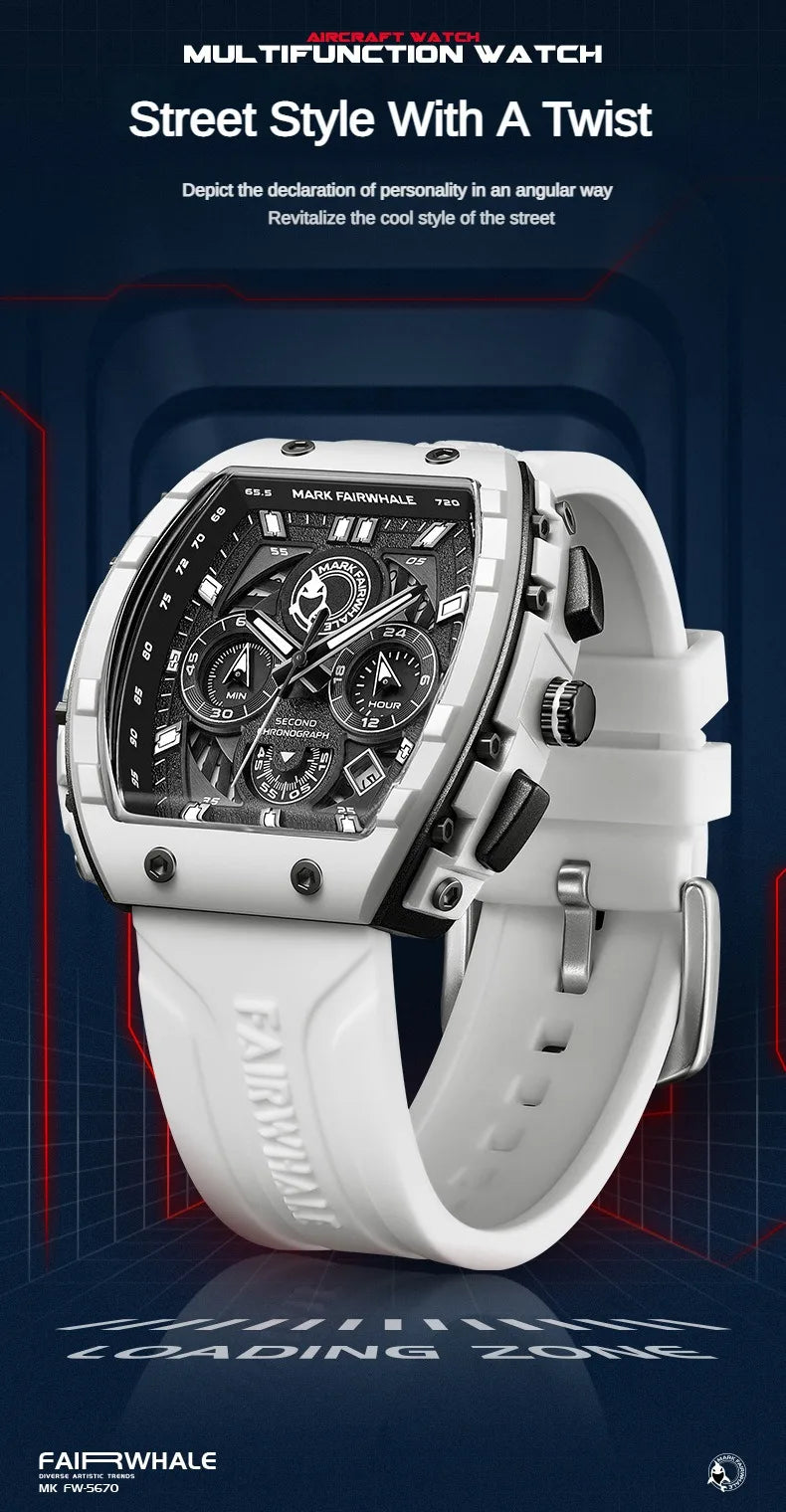 Fashion White Watches For Men Sport Silicone Strap Dive Luminous Quartz Watch Tonneau Shape Resin Case Multifunctional Clock New