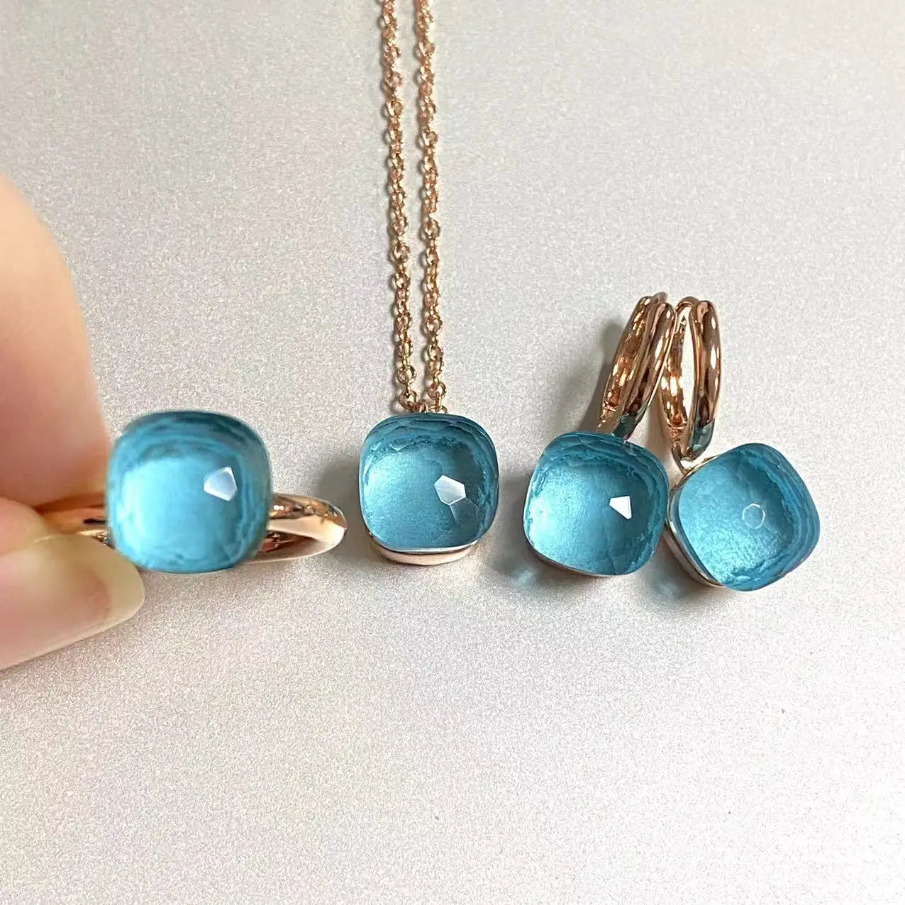 3Pcs/Set Women Ring Earrings Necklace Jewelry Set 34Colors Pink Crystal Jewelry Set Rose Gold Plated Jewelry