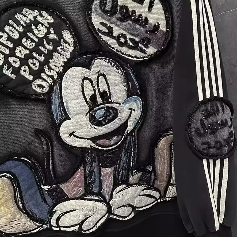 Autumn Winter Oversized Hoodie Vintage Hot Stamping Heavy Craft Mickey Patch Embroidery Hooded Long Sleeved Sweatshirt Kpop Tops