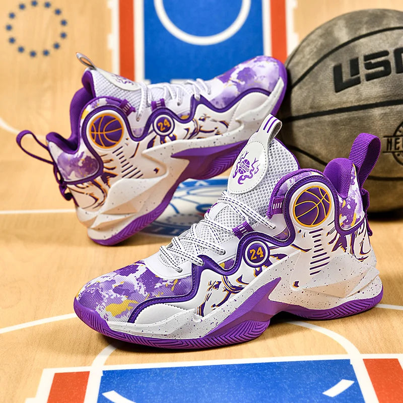 Men Basketball Shoes Soft Sole Cushioning Anti-Slip Sports Shoes Flat Comfortanle High-top Leather Basketball Boots for Man