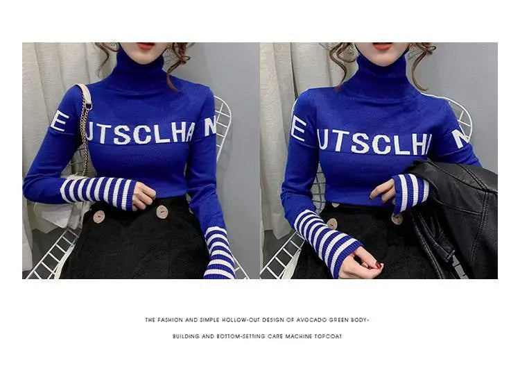 Turtleneck Pullovers Femme Autumn Winter Interior Lapping Fashionable Slim Bottoming Shirt Letter Knitting Sweater Striped Tops